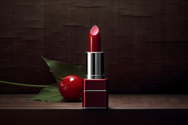 A red lipstick is on a table with a green leaf next to it.