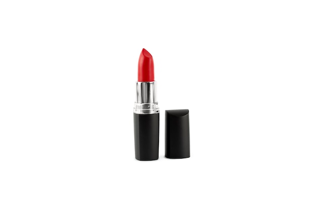 Red lipstick isolated on white background Make up gloss in black case