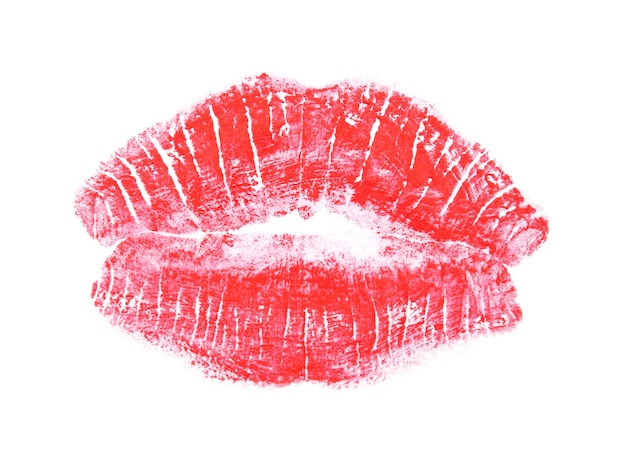 Red lipstick print on white background closeup