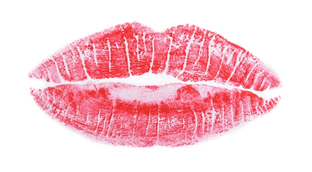 Red lipstick print on white background closeup