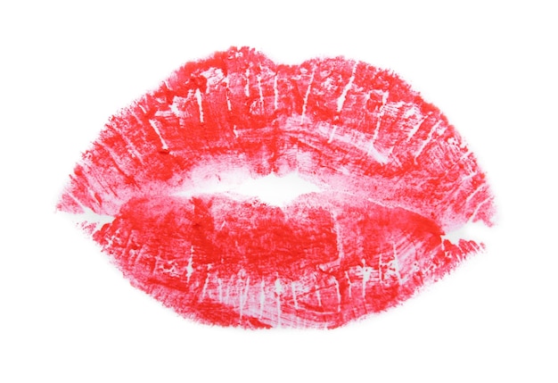 Red lipstick print on white background closeup