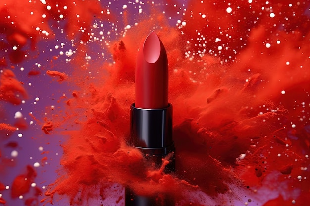 Red lipstick in a red explosion background illustration generative ai