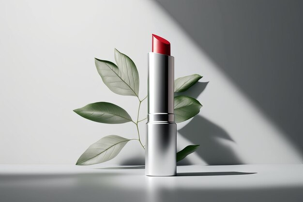 red lipstick in silver cosmetic tube with a leaf on the side on light background Generative AI