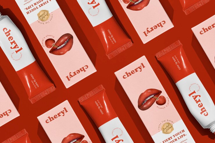 Photo red lipstick tube cosmetic packaging in flat lay