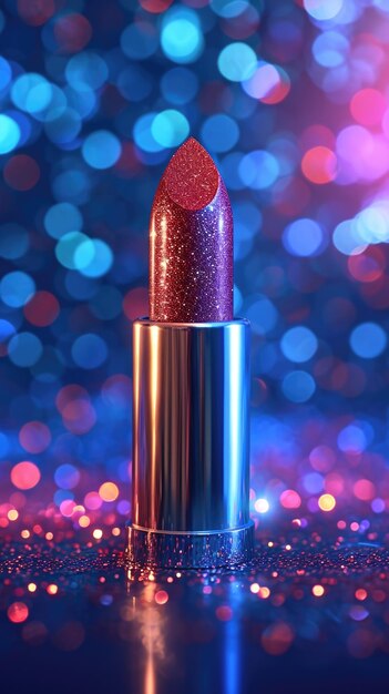 Photo a red lipstick with glitter on a shiny surface