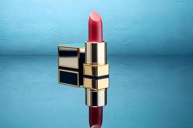 A red lipstick with a gold on blue background