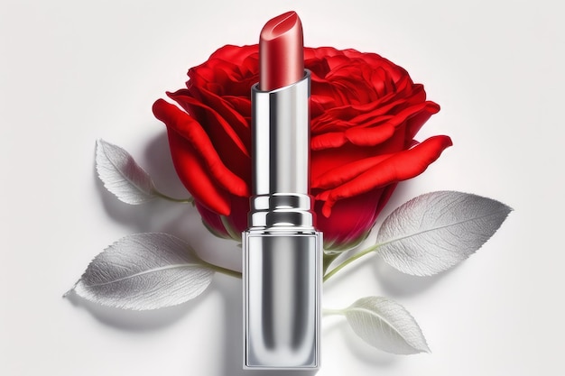 A red lipstick with a white background and a red rose Generative AI
