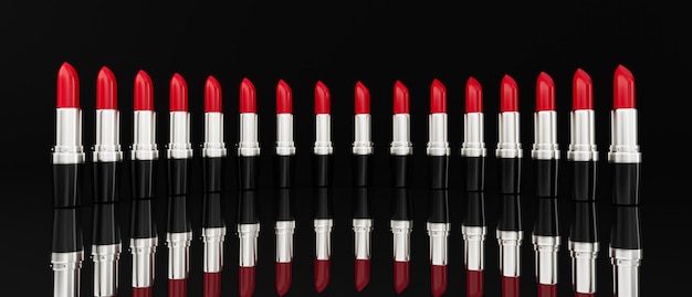 Photo red lipsticks marching in a row on a black background 3d illustration