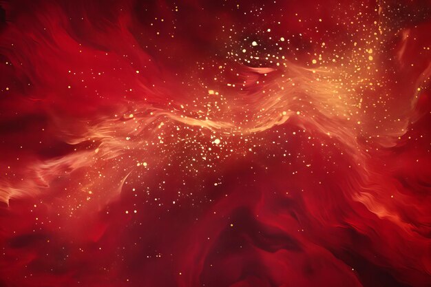 Photo red liquid with tints of golden glitters red background with a scattering of gold sparkles