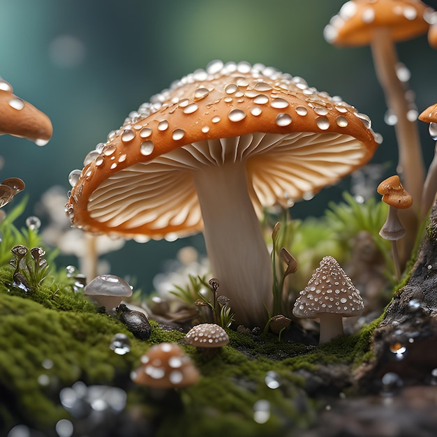 Photo red little mushroom between moss and grass