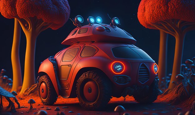 Red little robot in the forest Surrounded by mushrooms Moonlight landscape