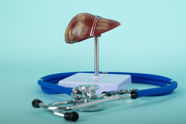 Red liver and stethoscope lies on a blue background