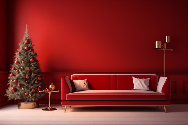 Красная гостиная с елкой и диваном.