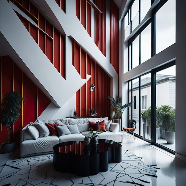 Red living room with free space with golden details