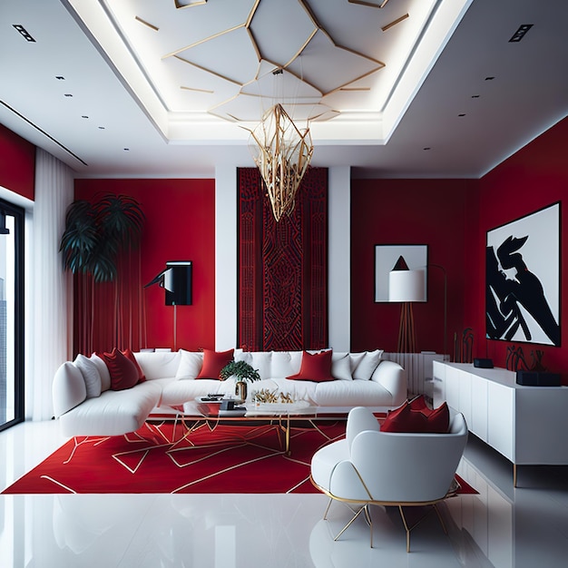 Red living room with free space with golden details