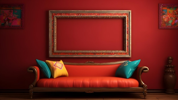 Red Living Room with Ornate Gold Frame and Colorful Pillows