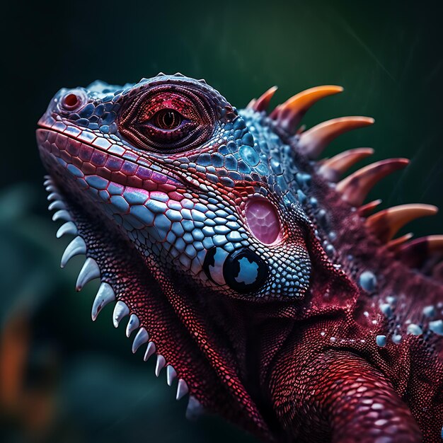 a red lizard with a white and red face and orange eyes.