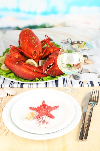 Red lobster on platter on serving table closeup