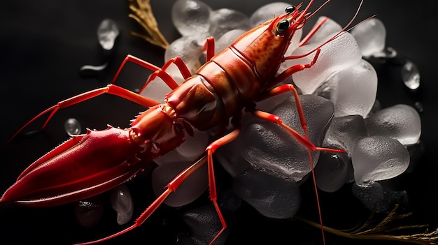 A red lobster sits on ice with the word lobster on it.