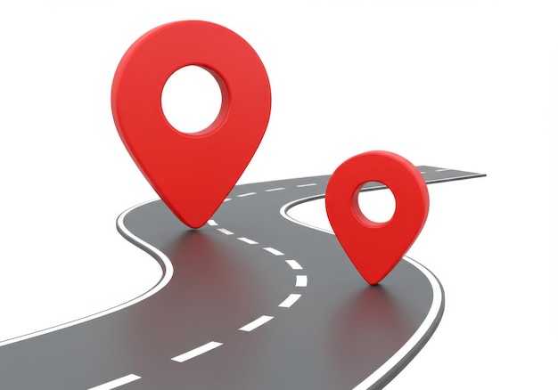 red location pins on winding road against a white background view