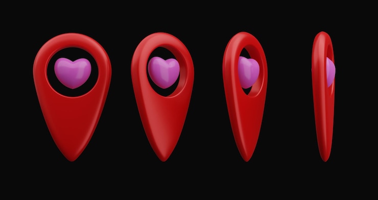 Photo red location symbol pin icon with a heart on black isolated background with clipping path 3d illustration
