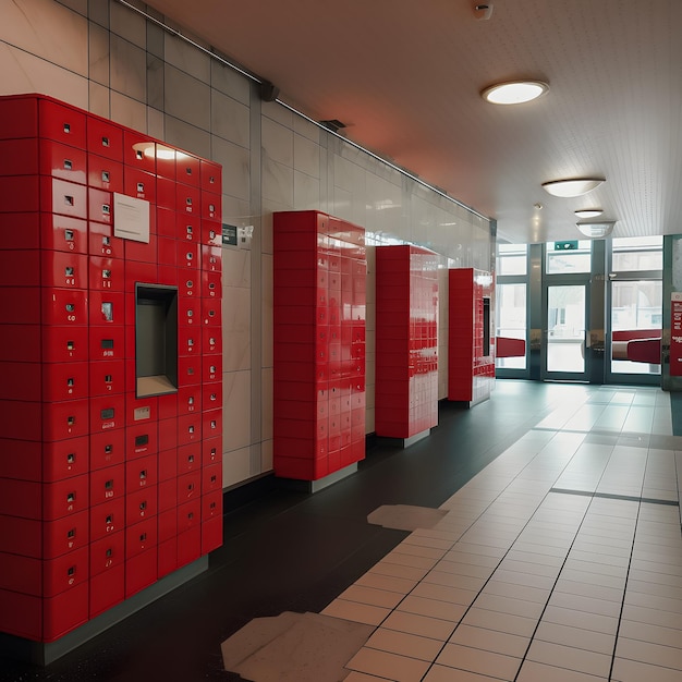 A red lockers are lined up in a hallway with a sign that says " the number 1 " on it.