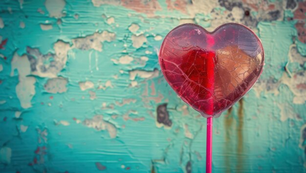 Red lollipop in the shape of a heart on a glossy textured surface for Valentine39s Day