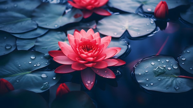 レッド・ロタス・ウォーター・リリー 水面に花をかせて 濃い青い葉 純な自然の背景