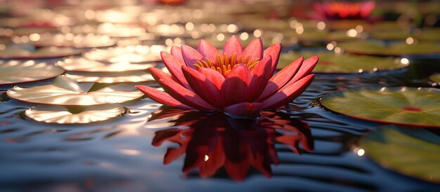 Foto lili d'acqua di loto rosso che fiorisce sulla superficie dell'acqua con il sole