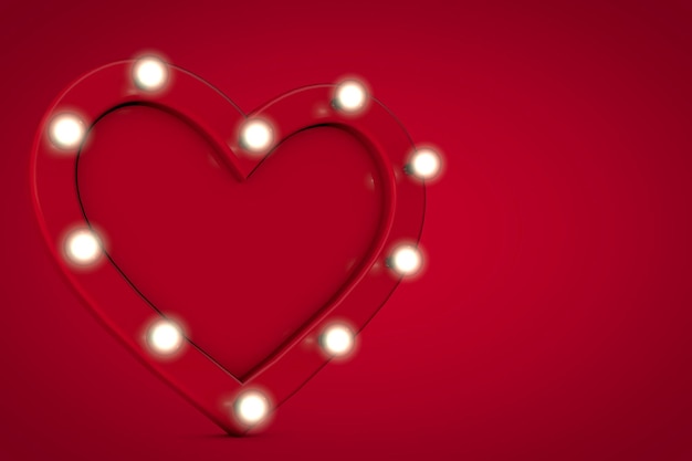가장자리 3D 주위에 빛나는 전구가 있는 빨간 사랑 하트 모양