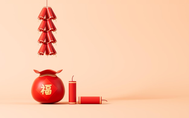 Red lucky bag with Chinese character quotFuquot Spring Festival theme scene 3d rendering