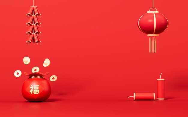 Red lucky bag with Chinese character quotFuquot Spring Festival theme scene 3d rendering