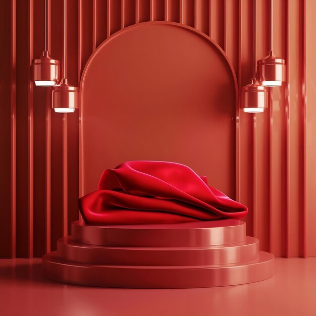 Red luxurious fabric or cloth placed on top pedestal or blank podium shelf on vivid wall with luxur