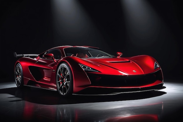 Red luxury sports car against a dark background and with reflection