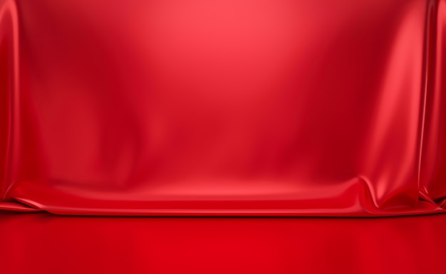 Red luxury studio wall with abstract shiny fabric cover. Luxurious royal backdrops and vivid red concept. 3D rendering.