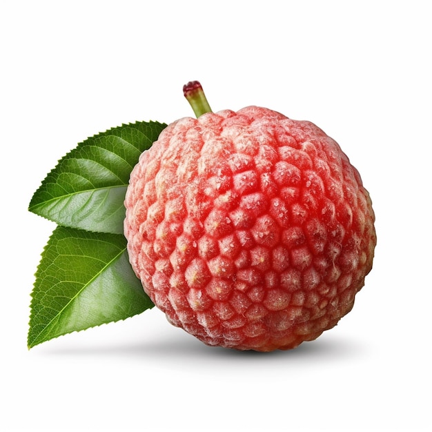 A red lychee fruit with green leaves on a white background
