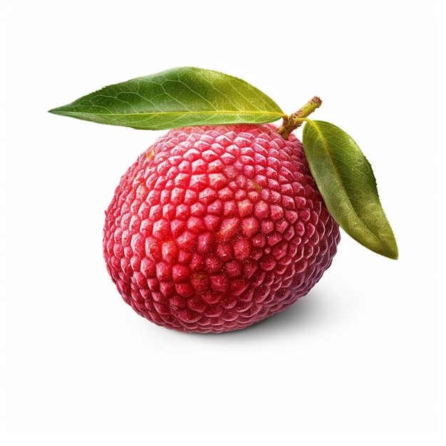 A red lychee with green leaves on it