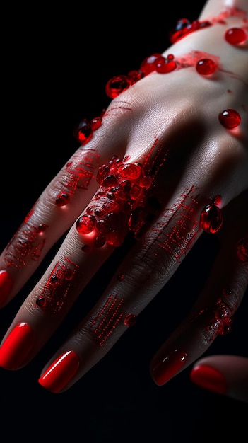 A red manicure with a circuit board in the middle