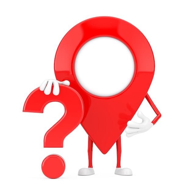 Red Map Pointer Pin Person Character Mascot with Red Question Mark Sign on a white background. 3d Rendering