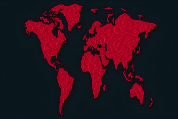 A red map of the world with the word world on it.