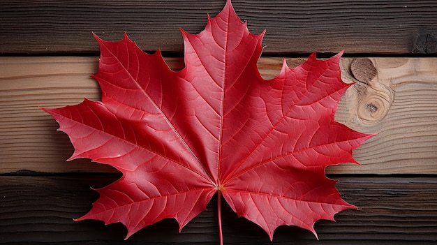 red maple leaf fallen on brown wooden floor