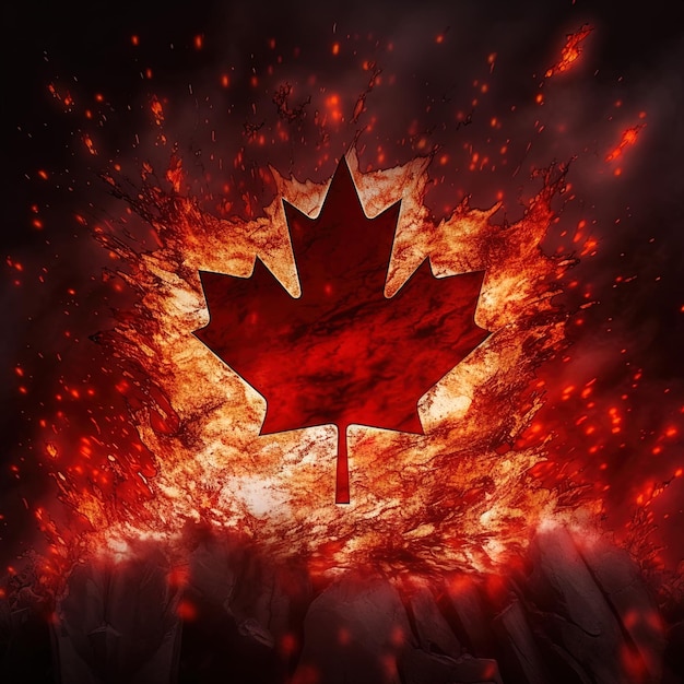A red maple leaf is in front of a burning fire.