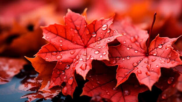 Photo red maple leaf on a water drops