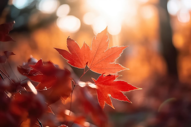 Red maple leaves in autumn with sunshine and sky AI