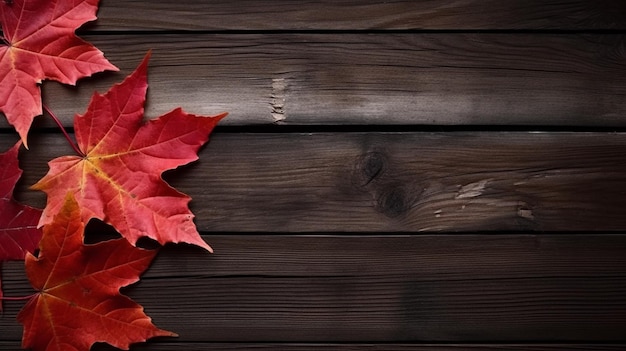 Red maple leaves on a wooden background