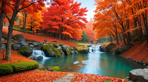 Red maple trees and beautiful japanese scenery