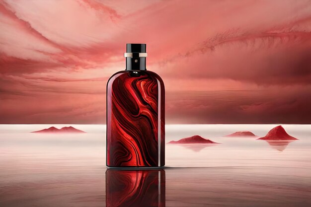 Photo red marble perfume bottle branding contemporary and elegant cosmetics template