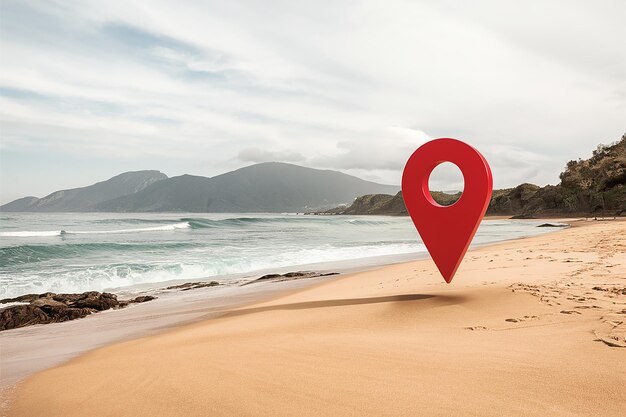 A red marker on the beach with the ocean in the background