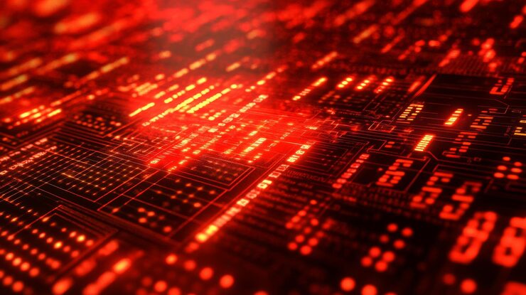 Photo a red matrix wall background with numbers and letters an artificial internet network program binary code and computer data digits coding cyberspace