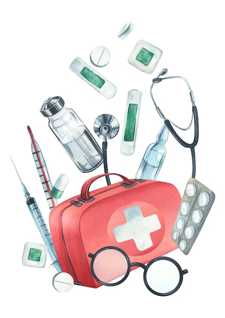 Red medical case first aid kit with stethoscope injections plaster pills and glasses Watercolor illustration hand drawn Composition isolated on white background